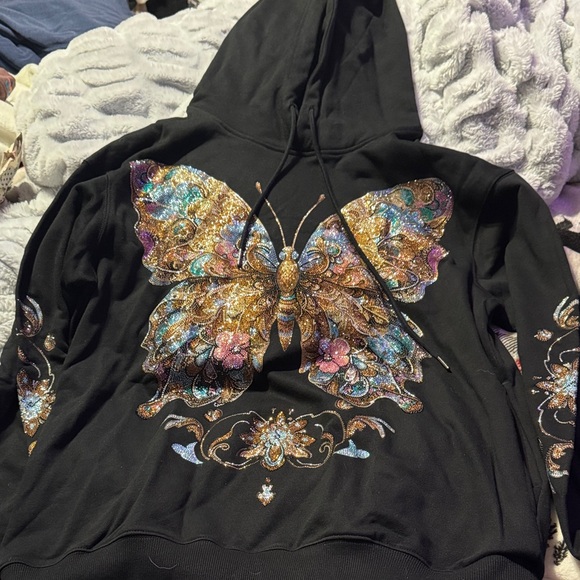 Black Hoodie with Colorful Butterfly Design - Picture 3 of 4